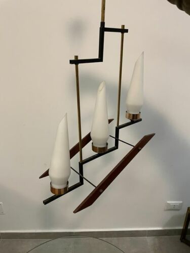 Deckenleuchte, Mid Century Modern, skandinavisches Art Deco, Teakholz, Messing