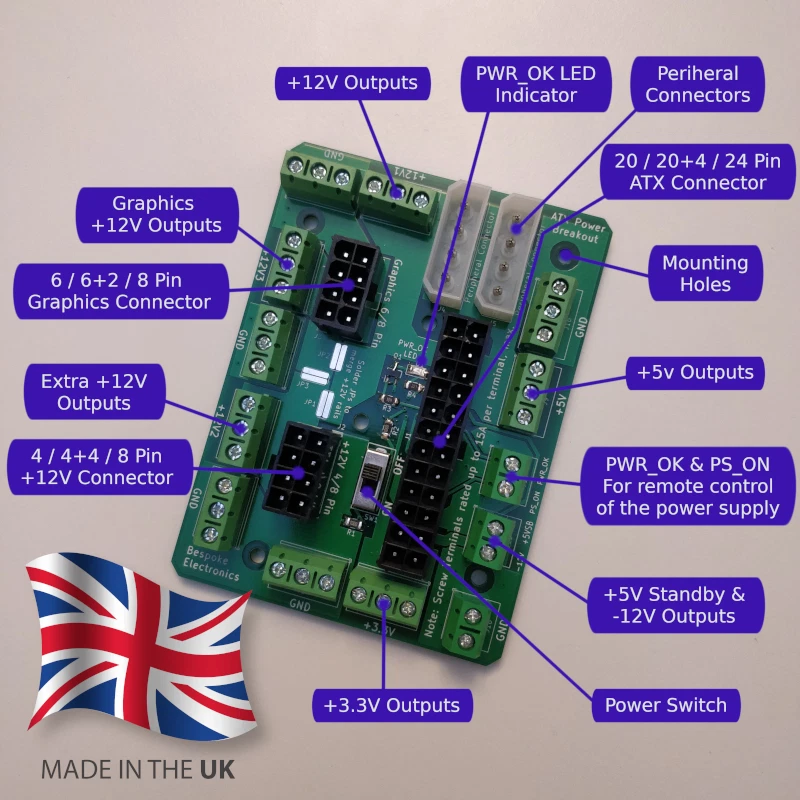 24/20pin ATX PSU Breakout PCB, Screw terminal output from Computer Power Supply - Image 2 of 4