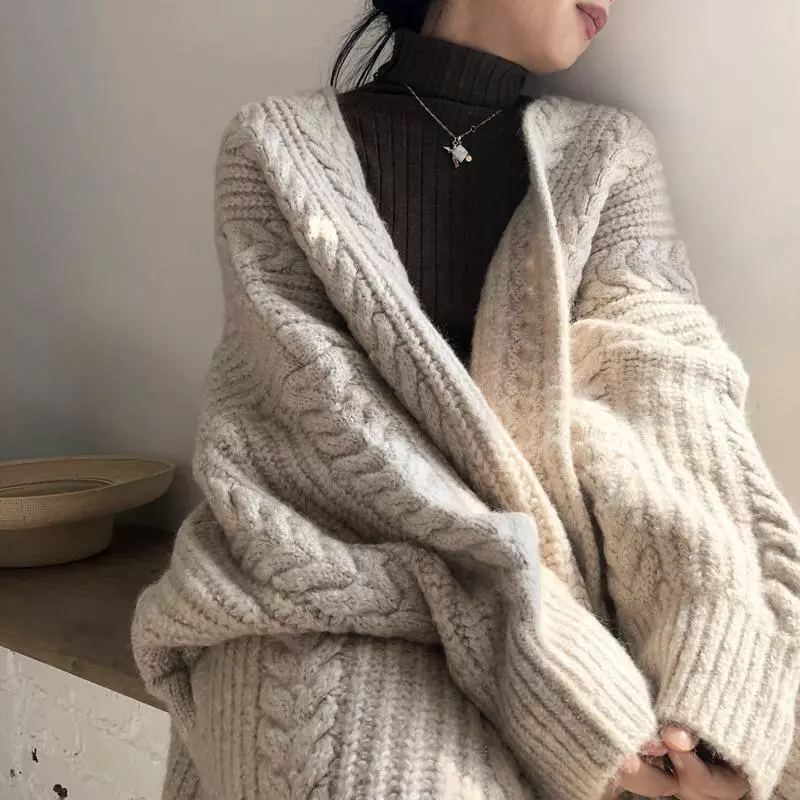 Hooded plain loose clearance long sleeve knitting sweaters