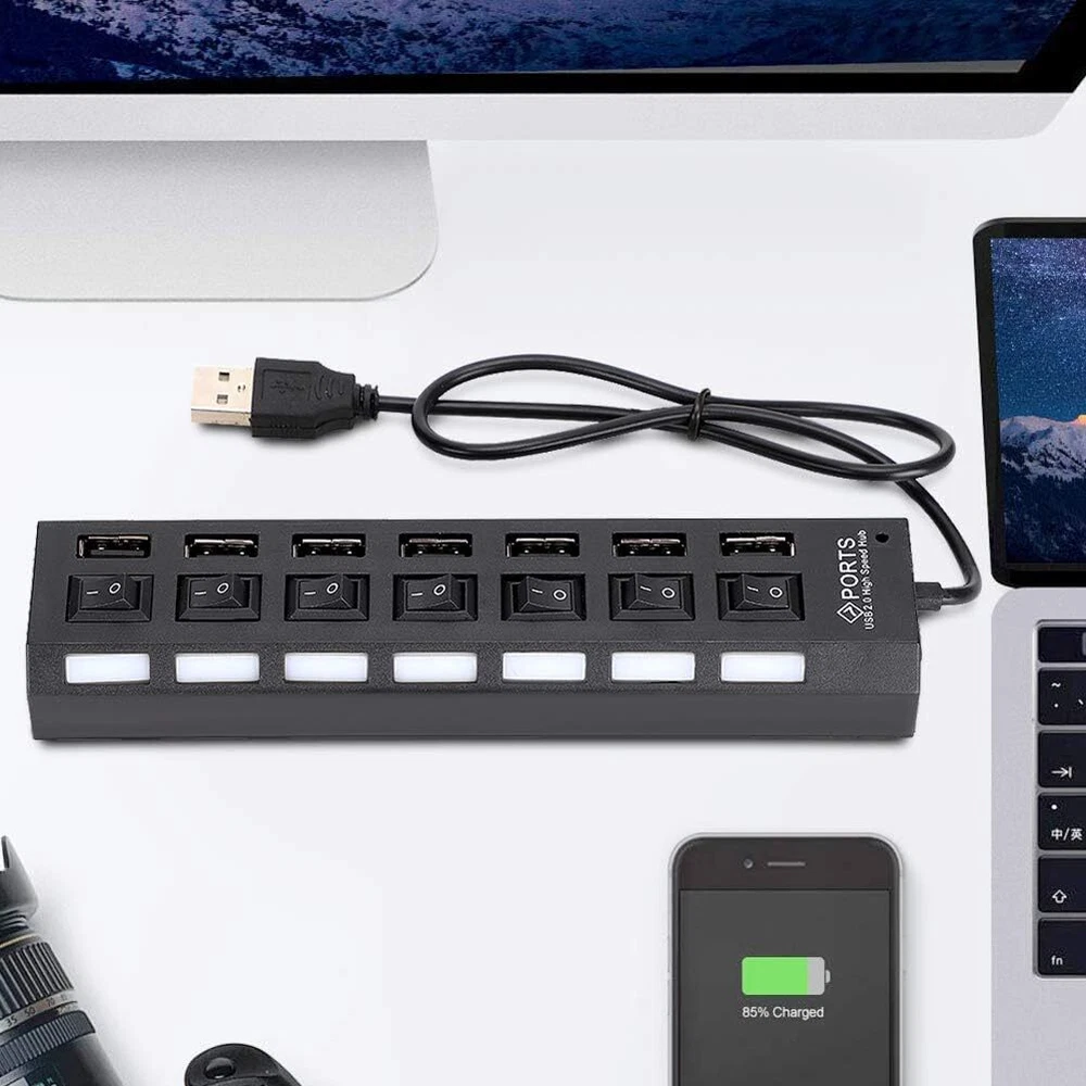 7-Port USB Hub with On/Off Switches, High-Speed Data Transfer, AC Adapter for PC & Laptop