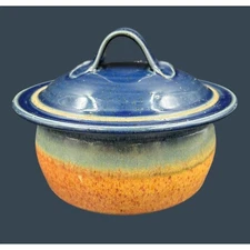 Handcrafted Lidded Stoneware Blue Orange Pottery Casserole Dish By Crystal