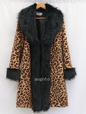 Women's Leopard Print Faux Fur Collar Long Coat Furry Overcoats Casual Loose New