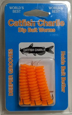 Catfish Charlie Dip Bait Soft Plastic Worms (3 Per Pack) Dip Bait Holder ORANGE