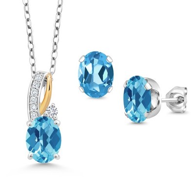 3.99 Ct   Swiss Blue Topaz E-F Lab Grown Diamond 925 Silver and 10K Yellow Gold