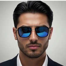 Sunglasses Gold Black Frame Blue Mirror Lens Men's Fashion Street Eyewear Trend