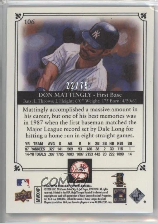 2008 Upper Deck Masterpieces Green Paper Framed /75 Don Mattingly #106 - Image 2 of 2