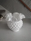 VTG-Fenton White Milk Glass Hobnail Ruffled 4" Vase Double Crimped
