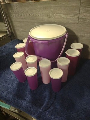 Tupperware Jumbo Bucket With Matching Cups And Lids Purple