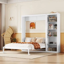 Wood Full Size Murphy Bed Cabinet Folding Wall Bed W/ Shelves for Bedroom White