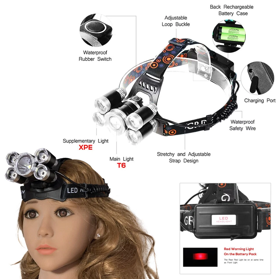 2300LM T6 + XPE LED Headlamp Rechargeable Head Light Flashlight Torch Lamp USA - Image 2 of 4