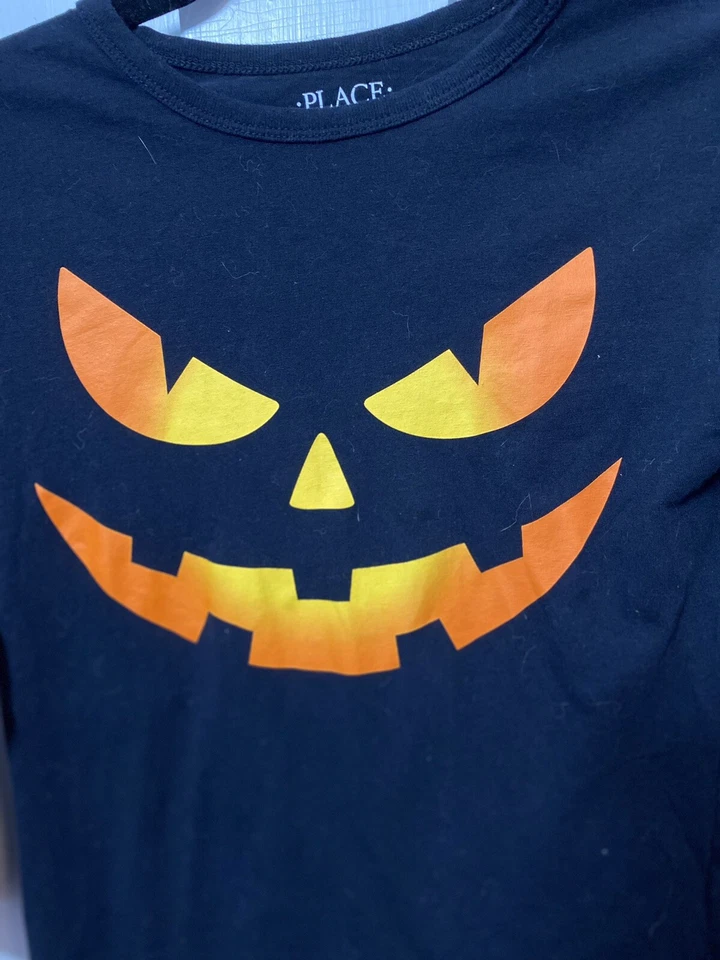 Place Girls Sz7/8 Black Cotton L/S Halloween Shirt Orange Jack-O-Lantern Face - Image 2 of 4