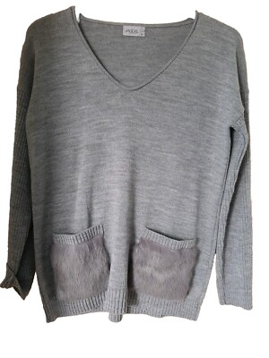 Stunning AGGEL Grey V-Neck Jumper with pockets Winter Knitwear