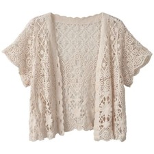 Women Lace Crochet Cardigan Hollow Knit Embroidered Crop Top V-neck Shirt