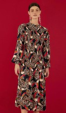 Farm Rio L Large Leopard Toucans Midi Womens Dress Smocked Long Sleeve $265