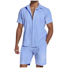 Men Summer Outfit 2-Piece Set Short Sleeve Shirt and Shorts Sweatsuit Set