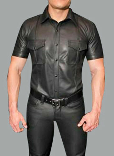 Herren Echtleder Polizeiuniform Shirt sexy kurzärmelig schwarz Lammfell Shirt - Bild 2 von 5
