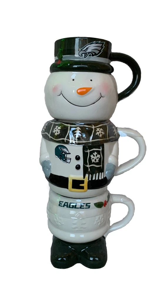 Philadelphia Eagles pacote com 3 canecas empilháveis boneco de neve férias conjunto presente-cerâmica NOVO - Imagem 2 de 4