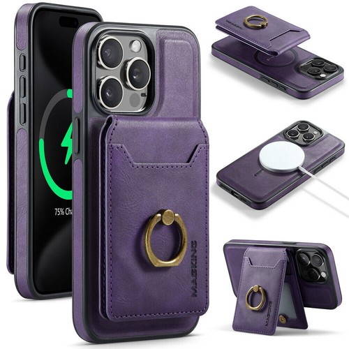 MagSafe Case For iPhone 12 13 14 15 16 with Magnetic Leather Wallet + Metal Ring - Zdjęcie 49 z 149