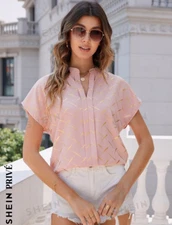 Shein Blouse womens Small Blush Pink Gold Print Short Sleeve Casual Loose Fit
