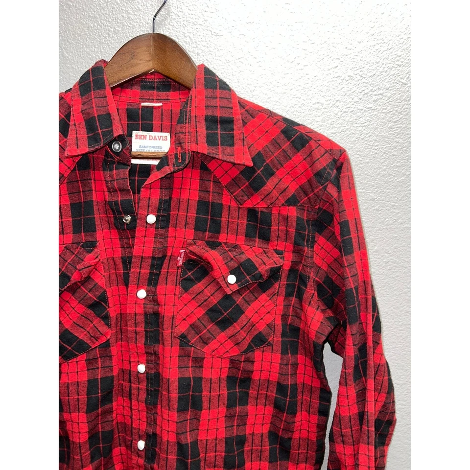 Camisa De Colección Años 70 80 Ben David Sanforizada Roja A Cuadros Perla A Presión Con Botones M Foto 2 de 4