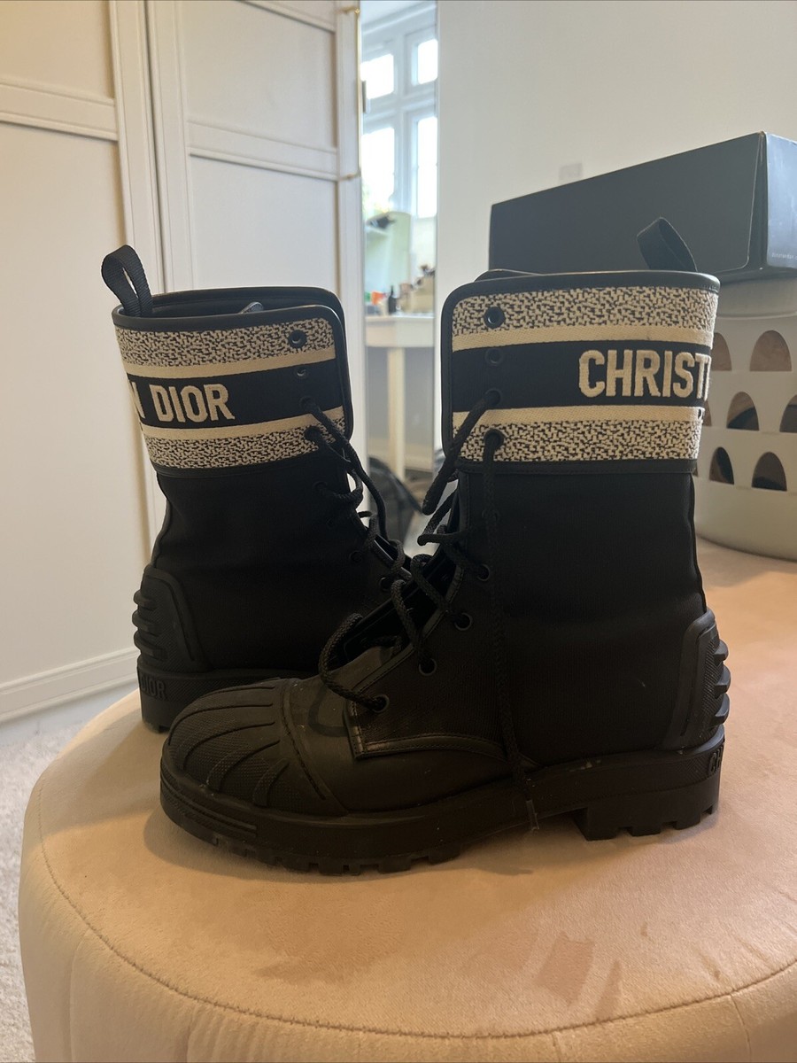 Christian Dior D Major Calf Boots Black Leather Cream Slogan