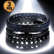 3 Pcs Leather Bracelets Magnetic Clasp Braided Leather Wristband Cuff Bracelets