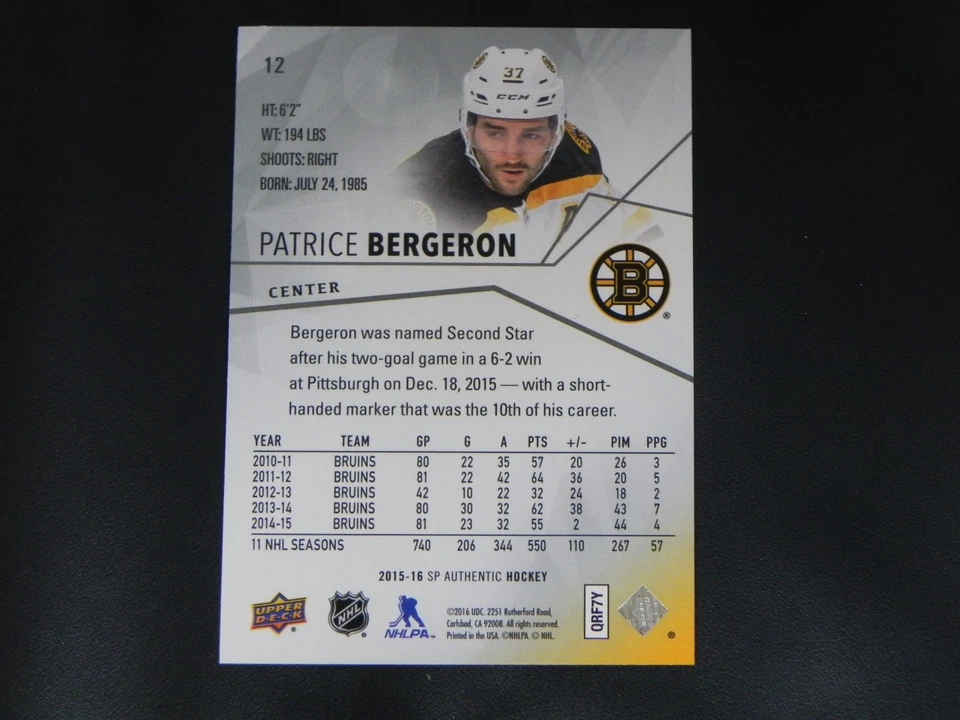 2015-16 SP Authentic Base Card #12 Patrice Bergeron Boston Bruins - Image 2 of 2
