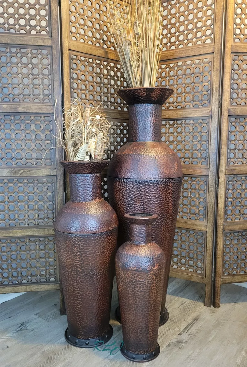 Large Rustic Set/3 Hammered Brown Metal Cylinder Traditional Floor