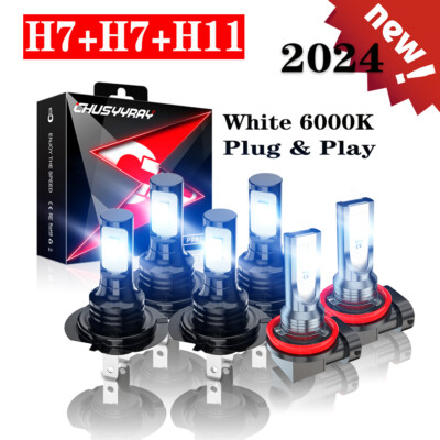 6pcs LED Headlight Combo H7+H7+H11 High Low Beam+Fog Light 6x Bulbs Kit 6000K