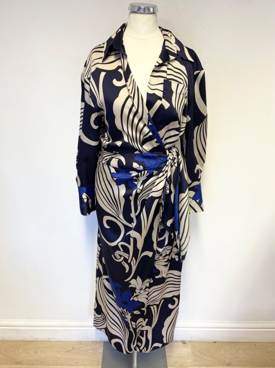 ZARA NAVY, CREAM BLUE PRINT COLLARED 3/4 SLEEVED WRAP MIDI DRESS