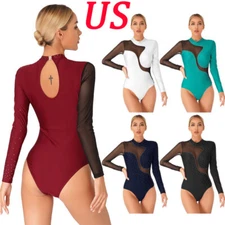 Womens Color Block Dance Bodysuits Longsleeve Gymnastics Jumpsuits Dancewear