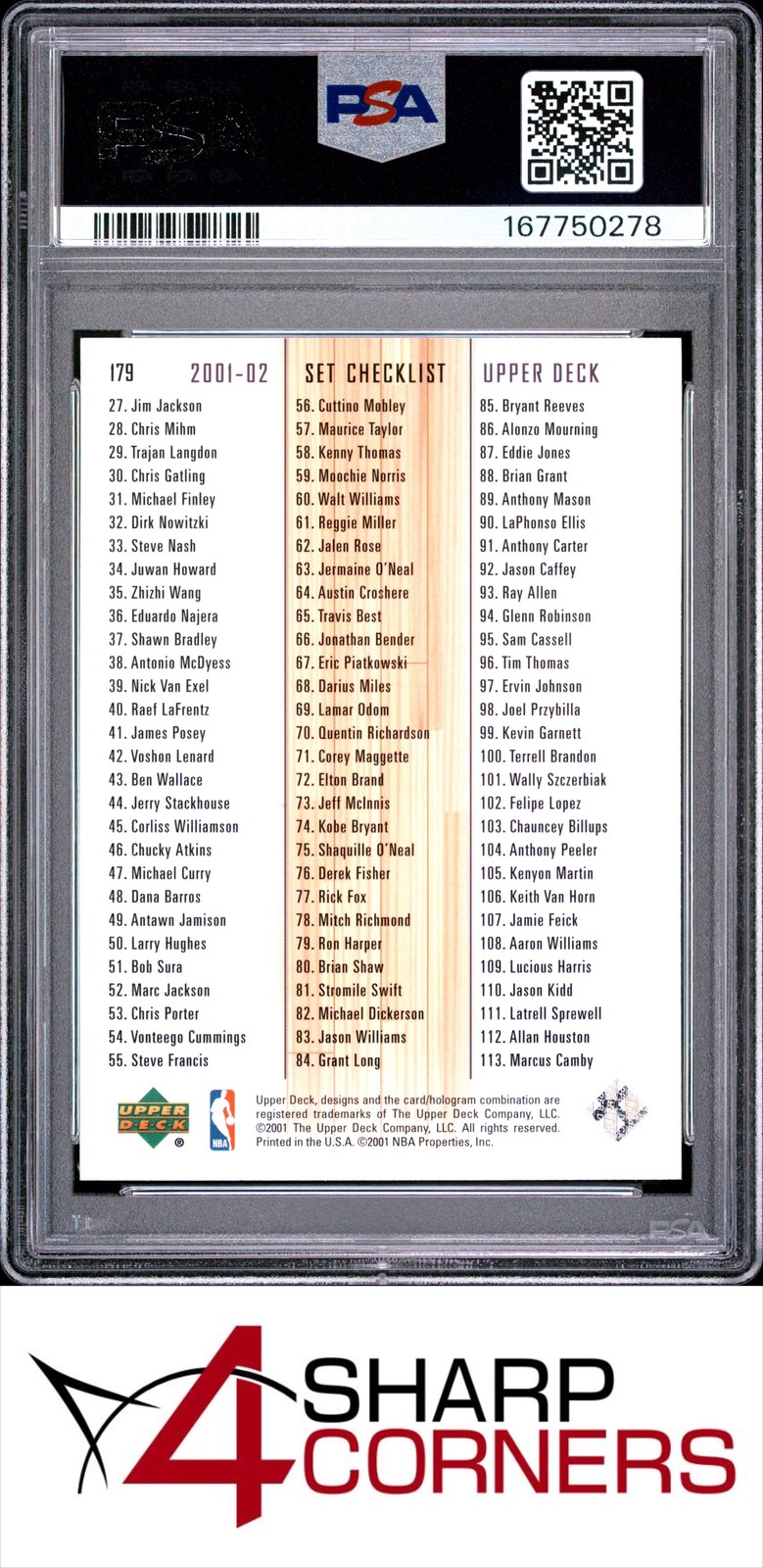 2001 UPPER DECK #179 KOBE BRYANT LAKERS HOF PSA 10 view 2