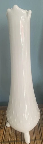 Vintage LE Smith White Milk Glass Swung Vase, 3 Toed with Hobnail at Base, 11”