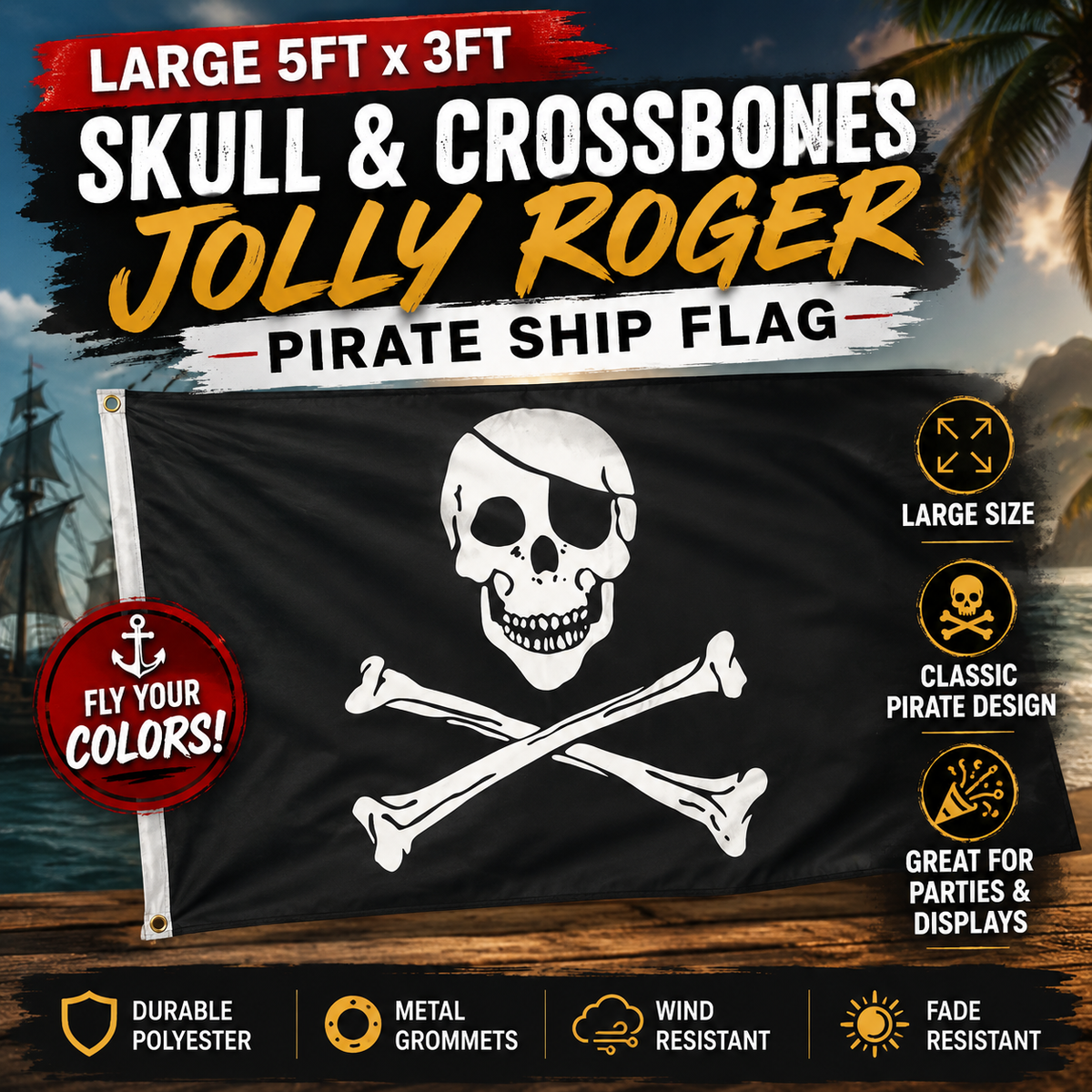LARGE 5FT X 3FT SKULL & CROSSBONES JOLLY ROGER PIRATE SHIP FLAG | eBay