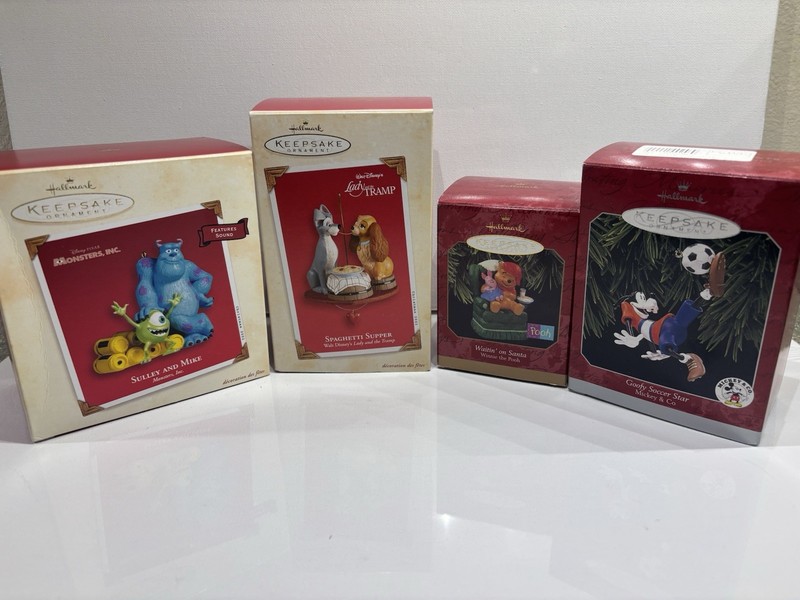 Hallmark Disney Ornament Lot-Sulley And Mike, Spaghetti Supper, Goofy, And Pooh