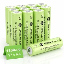 12 AA Rechargeable Batteries 1500mAh 1.2V Ni-MH for Solar Lights, Toys, Remotes