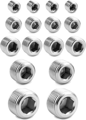 304 Stainless Steel NPT Hex Countersunk Plug Fitting Assortment Kit 16 Piece Set