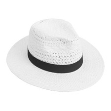 Summer Straw Sun Hat, Wide Brim Fedora Panama Beach Hats for Men Medium White