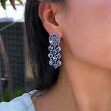 Women Silver Plated Long Tassel Dangle Earrings Zircon Turquoise Wedding Jewelry