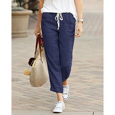 Women Casual Pants High Waist Drawstring Elastic Ankle Length Pockets Harem Trou