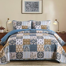 Boho Quilt Set Size,3 Pieces Plaid Floral Bedspread Coverlet Set Queen Blue