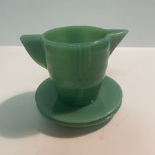 VTG 1930s Akro Agate Playtime Child's Jadite Glass Pitcher  2 Plates Art Deco