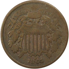 1864 Large Motto Two Cent Piece VG Very Good 2c Coin