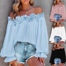 Women's Frill Bardot Off Shoulder Blouse Long Sleeve Tops Party Shirt PLUS SIZE