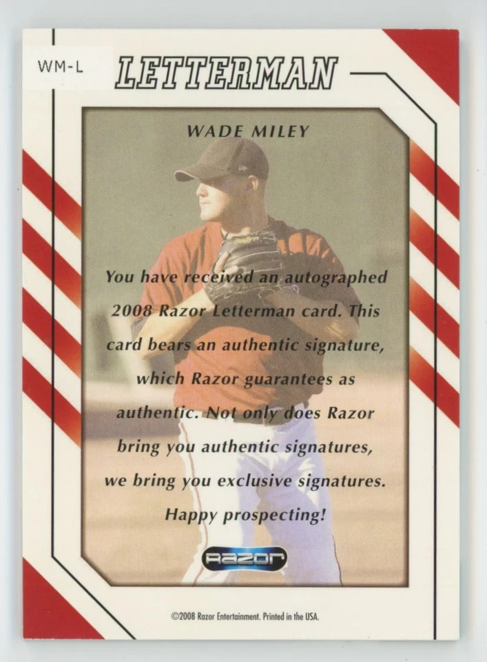 Wade Miley 2008 Razor Letterman Auto Relic #WM-L Arizona Diamondbacks - Image 2 of 2