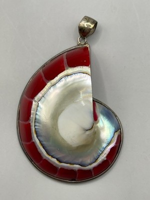 XXL Anhänger Muschel Nautilus Nautilusmuschel Ammonit rot in SILBER gefasst