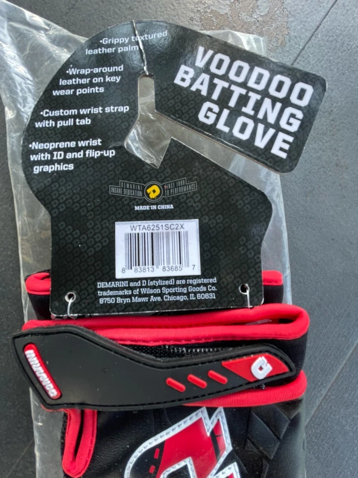 Luvas de beisebol Demarini Voodoo Batting pretas vermelhas masculinas XXL softbol novas raras - Imagem 3 de 4