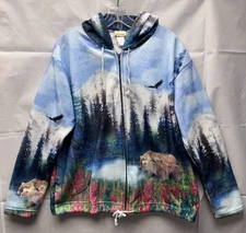 Vtg All Over Print Mountain Animal Fleece Zip Up Hood Women Sz L USA