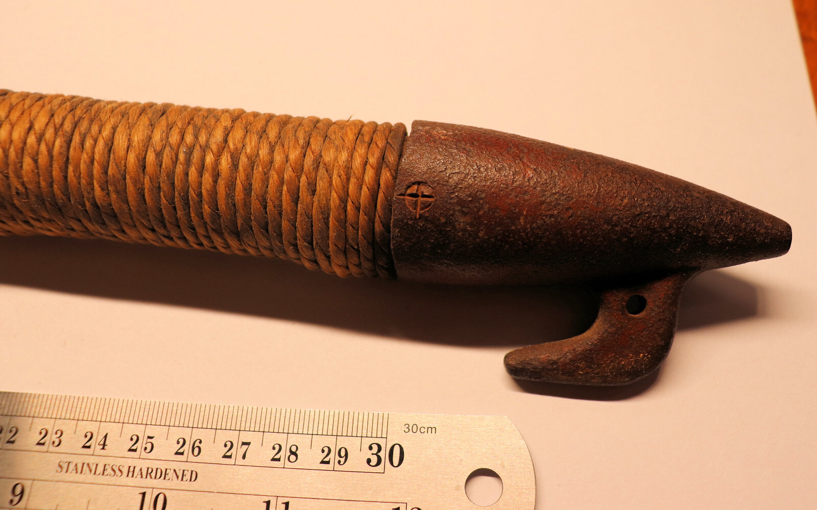 Vintage Fishing Gaff/Boat Hook, 183/8" Oak Wood Handle Wrapped