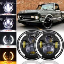 Pair Fit Chevy C10 C20 Pickup Camaro Nova 7" Round LED Headlights Hi/Lo Halo DRL
